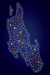 Bright mesh vector Zanzibar Island map with glare light spots. Lowpoly model for political purposes. Abstract lines, dots, light spots are organized into Zanzibar Island map.