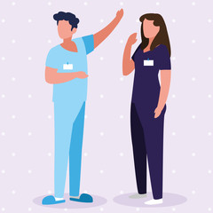 Obraz premium couple medicine workers with uniform characters