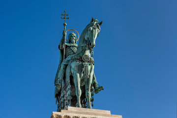 ungary, Budapest, Castle Hill, Fischerbastei: Statue of St Stephen I at famous Fisherman's Bastion...