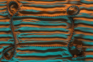 top view of straight lines traces and rope on sand with orange and blue lights and copy space