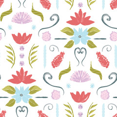 Hand painted floral damask in pastel colors on white background. Vector seamless pattern.