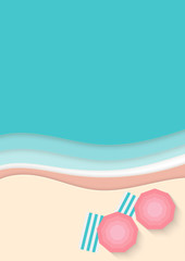 Beach with umbrellas, towels and sea. Aerial view of summer beach in paper craft style. Paper cut and craft style. Vector illustration. Top view. Copy space
