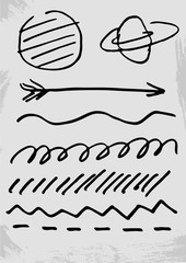 Cute children's drawing marker stroke. Arrow, planet,  doodle, curls. Set Isolated on White Background. Elements for design.