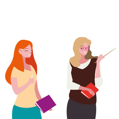 female teachers couple with textbooks characters