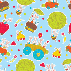 Rabbits ride on funny cars. Vector seamless pattern.