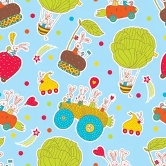 Wallpaper murals Animals in transport Rabbits ride on funny cars. Vector seamless pattern.
