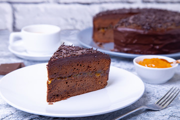 cake. Traditional Austrian chocolate dessert. Homemade baking. Selective focus, close-up.