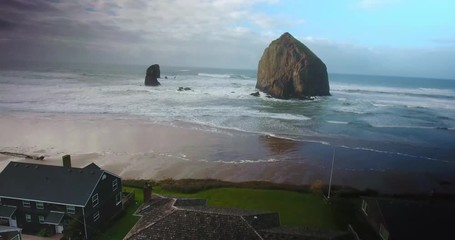 Aerial Drone Shot of Canon Beach Neighborhood And Haystack Rock