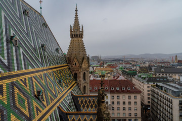 View of Vienna from cathedral with part of cathedral roof