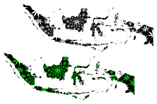 Indonesia - map is designed cannabis leaf green and black, Republic of Indonesia map made of marijuana (marihuana,THC) foliage,