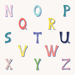Vector set of isolated letters in bright colors from n to z. Elements for different purpose decorative design, card, scrapbook, baby shower, webpage.