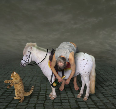 The drunk man with a bottle of champagne is lying across the horse saddle at night. His cat is next to him.