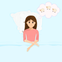 Vector illustration in flat cartoon style with sad sleepless woman in bed counts sheeps. Female insomniac trying to fall asleep. Problem of sleeplessness, nightmares, sleep disorder.