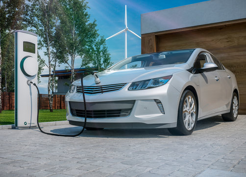 generic electric car charging at home in front of garage 3d illustration