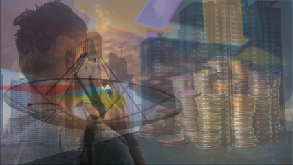 Double Exposure, The man talking on the phone, Pile of money, calculators and graphs placed on the table,  Tall buildings in large cities Concept   telecommuting
