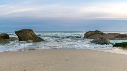 Beach, Sea waves ,  rock and sand, seascape. Composition of nature.