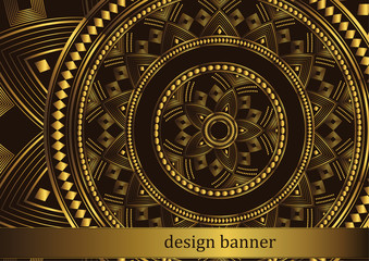 Golden mandala design on black background. Decorative floral template for greeting card, invitation or banner.