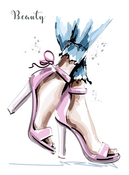 Hand drawn beautiful stylish pink shoes. Female legs in shoes with bows. Sketch. Vector illustration.