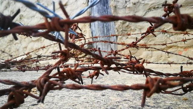 Detalle de alambrada de espino oxidadas y enredado 