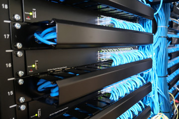 Network switch and ethernet cable connect to computer