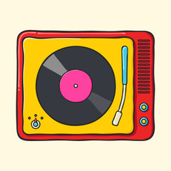 Retro portable turntable hand drawn pop art style illustration.