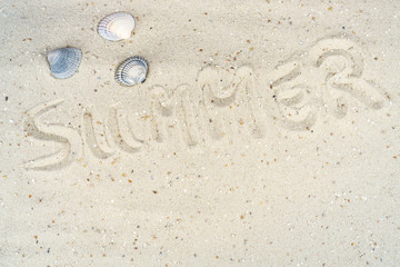 The word summer written in the sand of a beach