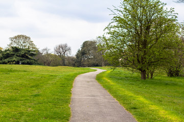 The trail in Greenwich Park, Path among green meadows and trees.