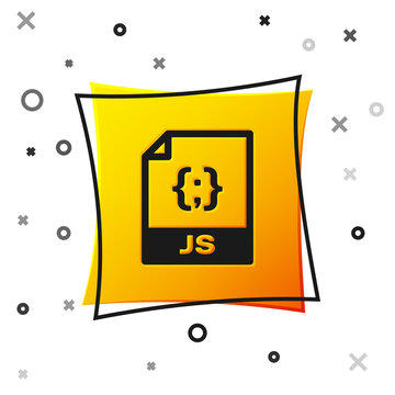 Black JS file document icon. Download js button icon isolated on white background. JS file symbol. Yellow square button. Vector Illustration