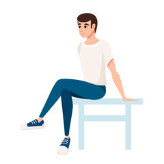 Man sit on white chair. Man in white t-shirt and blue pants. Cartoon character design. Flat vector illustration isolated on white background