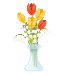 A bouquet of flowers in glass vase. Spring red and yellow tulip with Convallaria majalis. Lilly of the valley. Green flower pattern, grass. Flat vector illustration isolated on white background