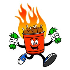 Hot Wing Bucket Mascot Running with Money - A cartoon illustration of a flaming Hot Wing Bucket Mascot.