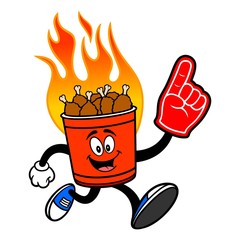 Hot Wing Bucket Mascot running with Foam Hand - A cartoon illustration of a flaming Hot Wing Bucket Mascot.