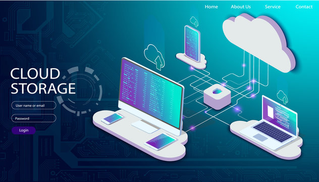 Cloud storage technology, users network configuration. Isometric advertisement poster with pc monitor, tablet, phone, laptop vector illustration. Website template.