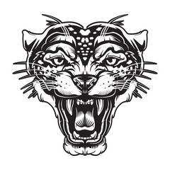 Leopard angry face tattoo. Vector illustration of jaguar head. Cougar print. Cheetah face logo.