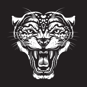 Leopard angry face tattoo. Vector illustration of jaguar head. Cougar print. Cheetah face logo.