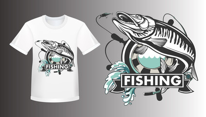 Pike fishing emblem shirt. Pike fish logo vector. Outdoor fishing background theme. Angry fish logo.