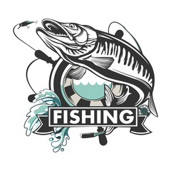 Pike fishing emblem. Pike fish logo vector. Outdoor fishing background theme. Angry fish logo.