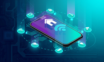 Fototapeta premium Smart home controlled smartphone. Internet of things technology of home automation system. Small house standing on screen mobile phone and wireless connections with icons home electronics devices. iot