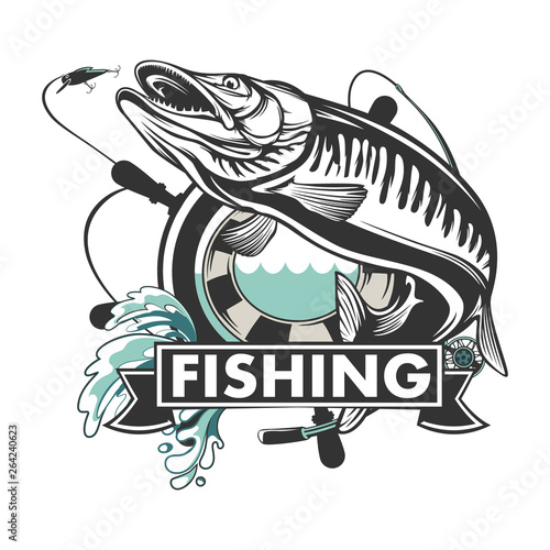 Download Pike Fishing Emblem Pike Fish Logo Vector Outdoor Fishing Background Theme Angry Fish Logo Wall Mural Lioriki
