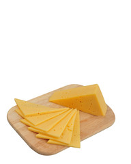 Cheese slice isolated on white background cutout on cutting board