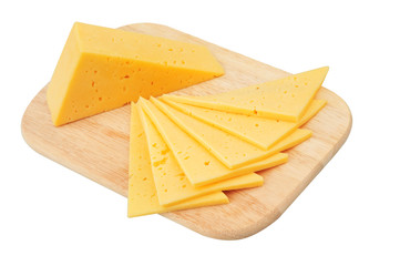 Cheese slice isolated on white background cutout on cutting board
