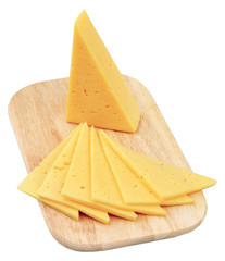 Cheese slice isolated on white background cutout on cutting board