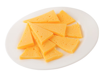 Cheese slice isolated on white background cutout on a plate