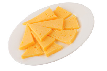 Cheese slice isolated on white background cutout on a plate