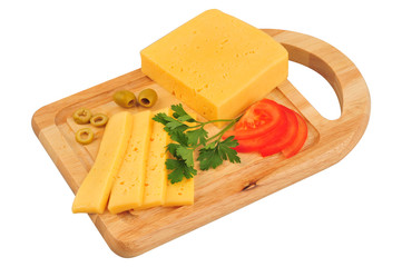 Cheese slice, parsley, tomatoes slice, isolated on white background cutout on cutting board