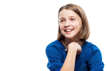 Cute teen girl laughs. Close-up. Isolated on a white background. Place for text.