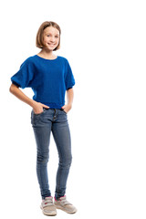 Laughing cool teen girl, full length. Isolated on white background, vertical. Copy space.