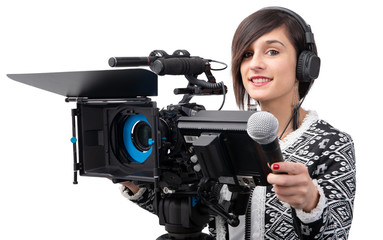 pretty young woman  journalist with microphone in television studio on white