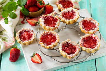 Berry mini pie summer. Sweet pie, tart with fresh berry strawberries. Delicious mini cake with strawberries.