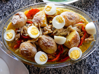 Cod with eggs olives and vegetables